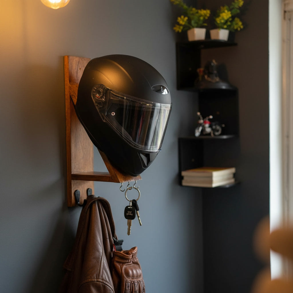 Handcrafted wooden helmet holder mounted in garage with motorcycle helmet
