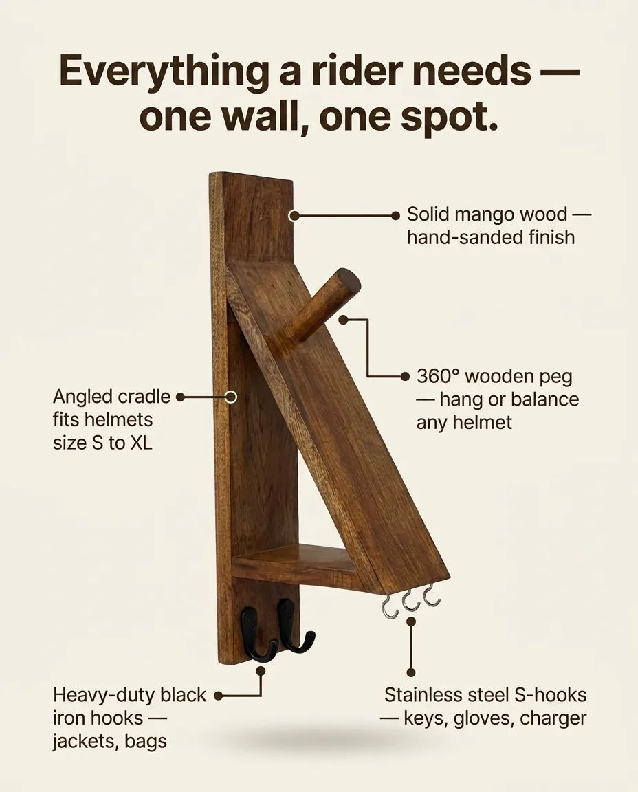 Motorcycle helmet and jacket organized on solid wood wall mount
