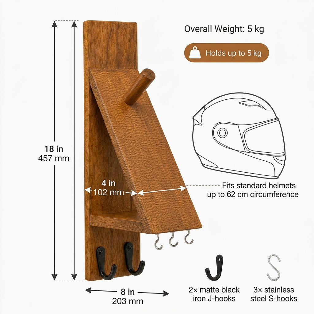 Solid teak wood motorcycle helmet wall mount with stainless steel hooks
