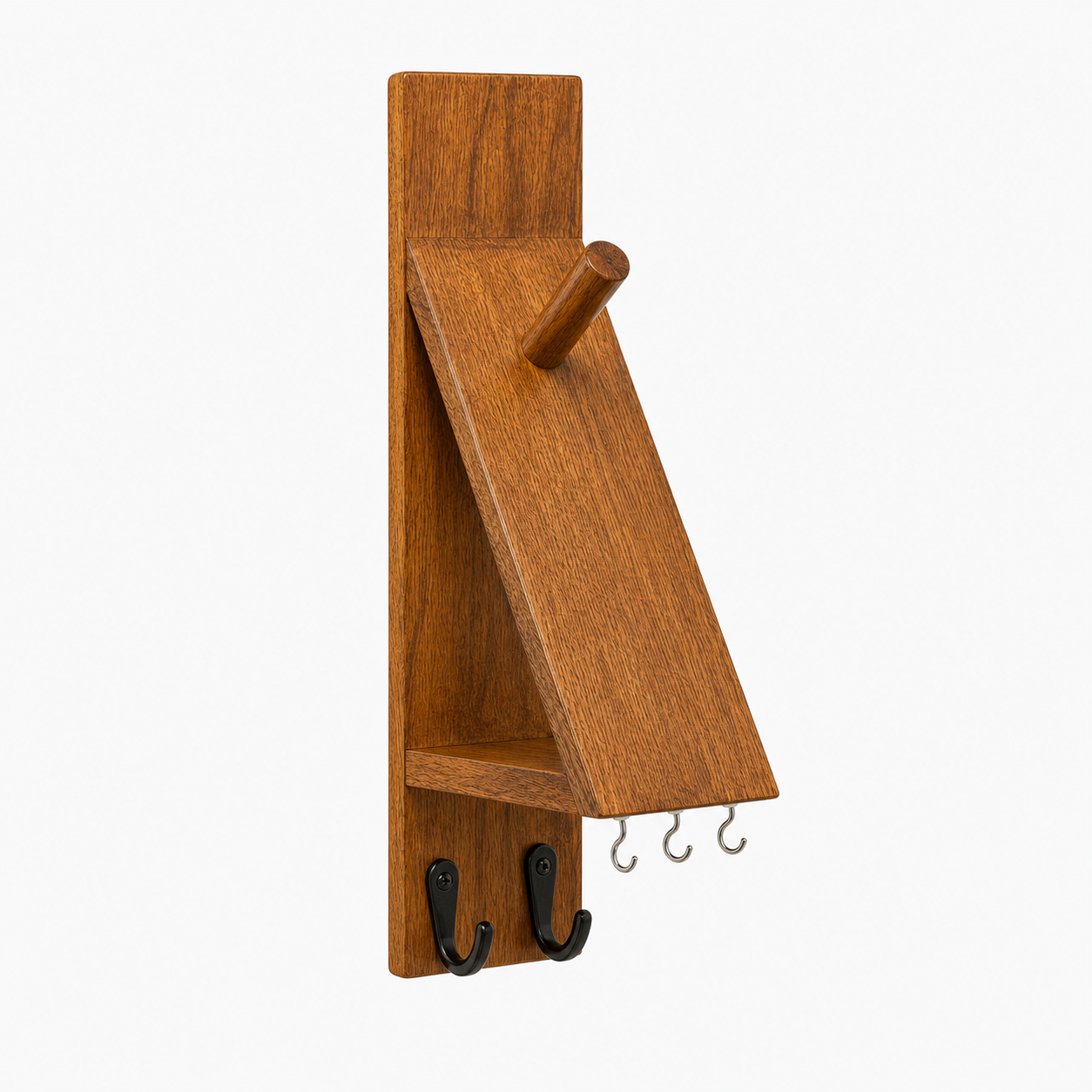 Solid teak wood motorcycle helmet wall mount with stainless steel hooks
